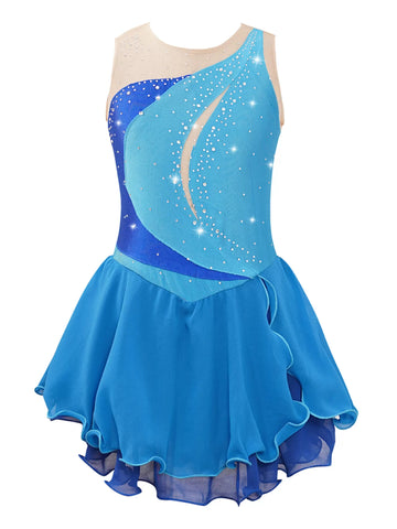 Kids Girls Sleeveless Shiny Rhinestone Chiffon Skating Dress