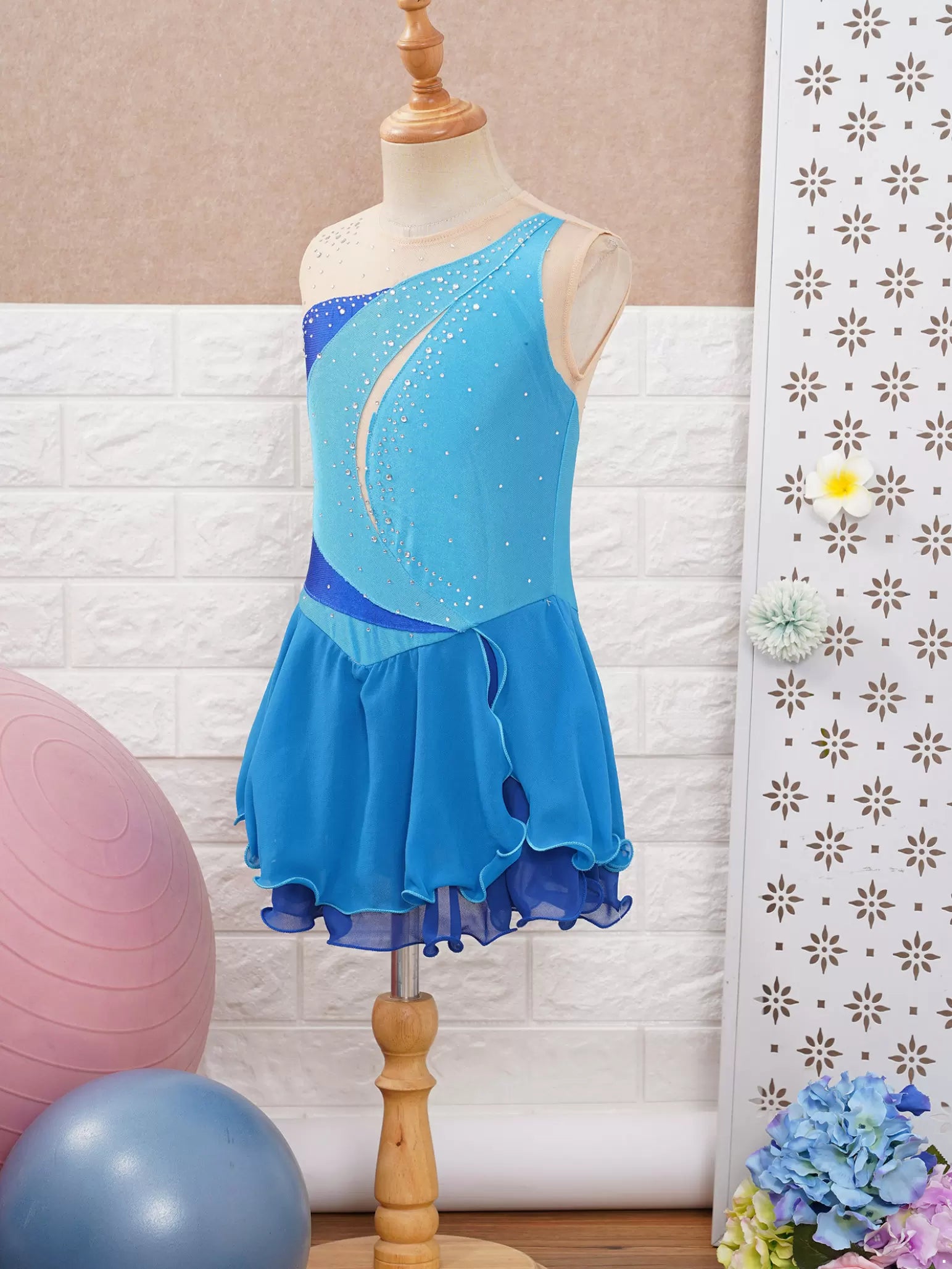 Kids Girls Sleeveless Shiny Rhinestone Chiffon Skating Dress