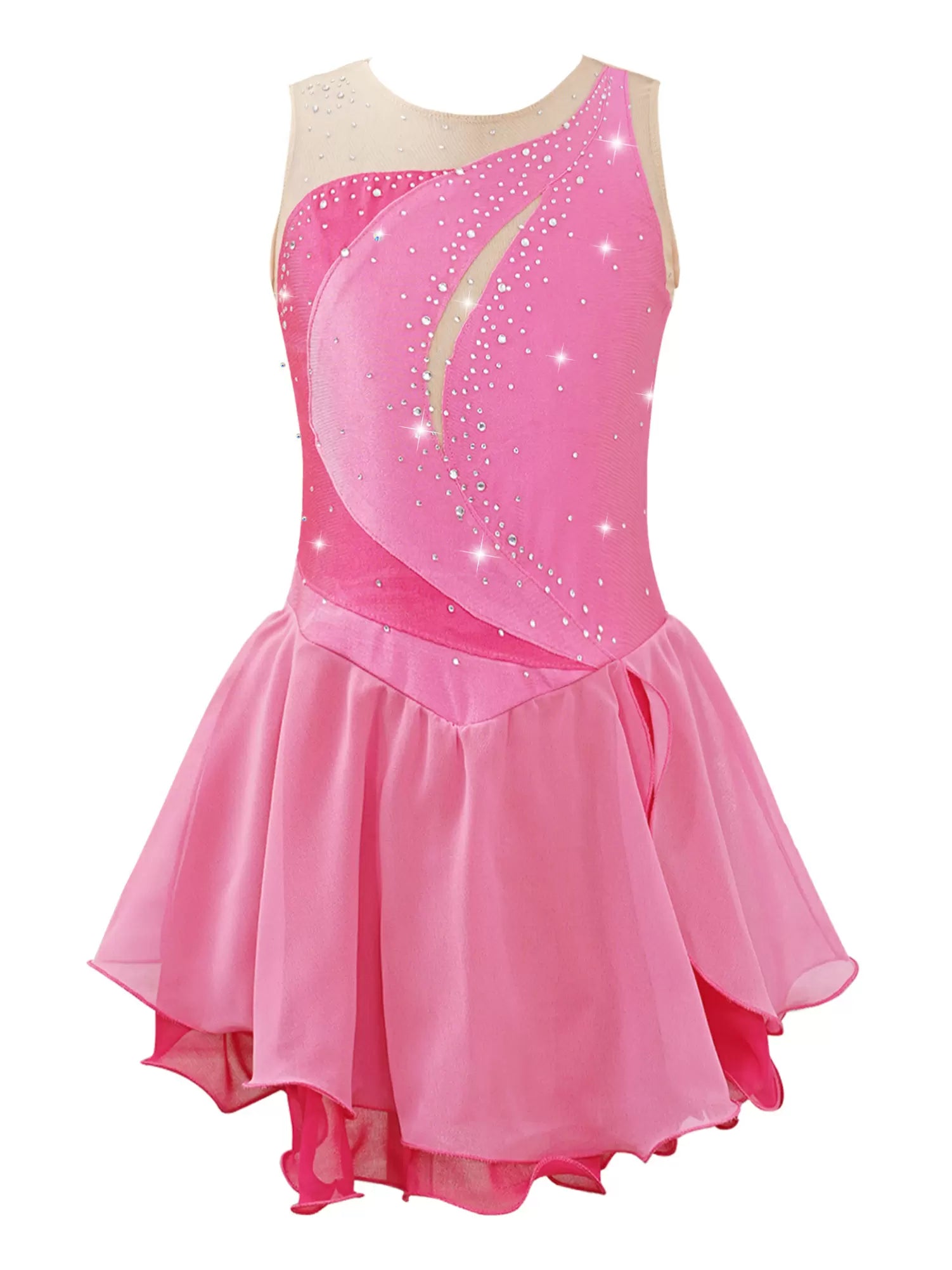 Kids Girls Sleeveless Shiny Rhinestone Chiffon Skating Dress