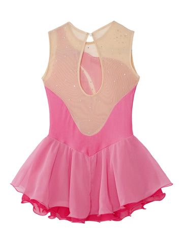 Kids Girls Sleeveless Shiny Rhinestone Chiffon Skating Dress