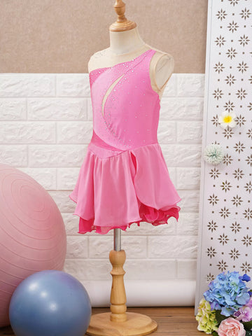 Kids Girls Sleeveless Shiny Rhinestone Chiffon Skating Dress