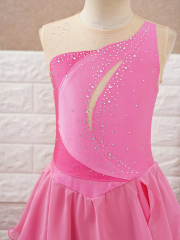 Kids Girls Sleeveless Shiny Rhinestone Chiffon Skating Dress