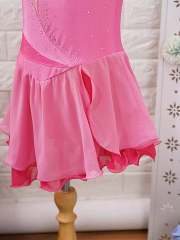 Kids Girls Sleeveless Shiny Rhinestone Chiffon Skating Dress