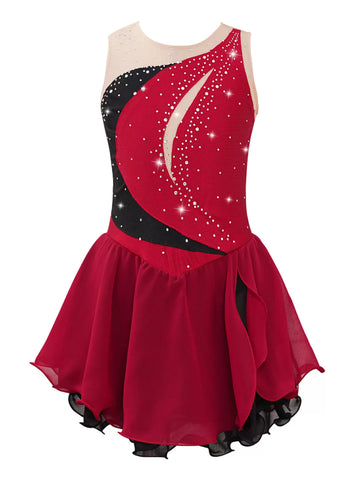 Kids Girls Sleeveless Shiny Rhinestone Chiffon Skating Dress