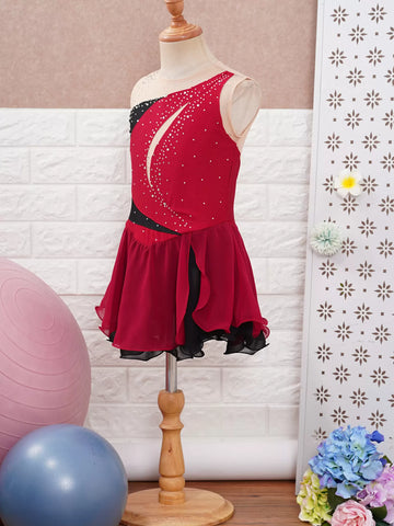 Kids Girls Sleeveless Shiny Rhinestone Chiffon Skating Dress