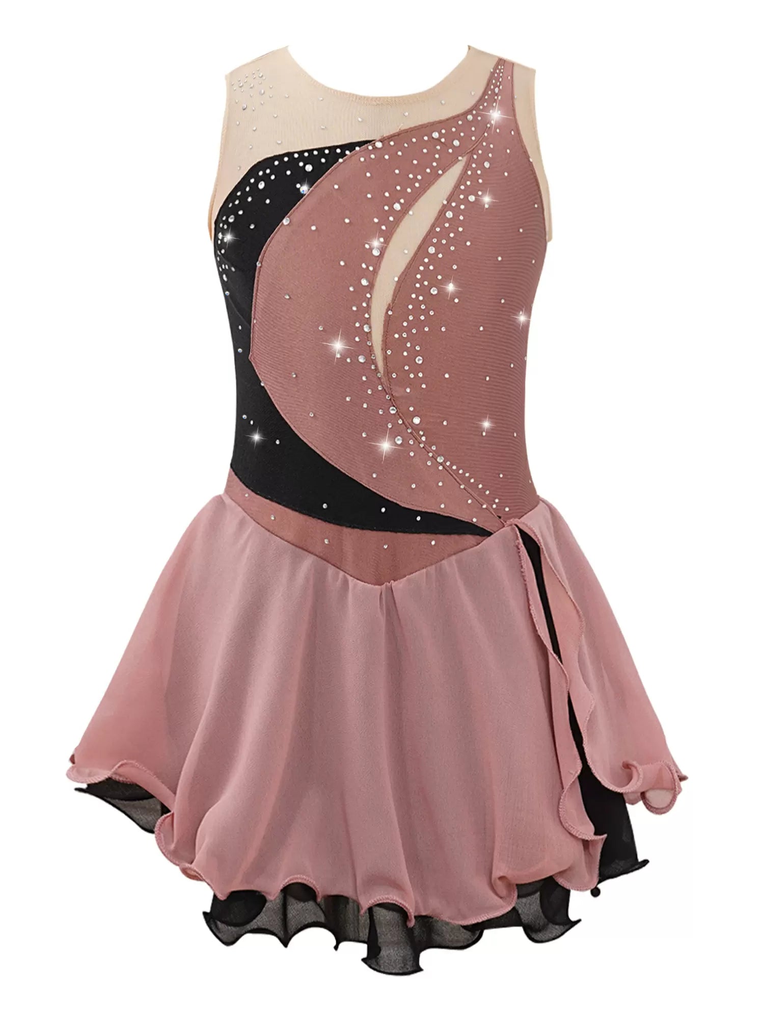 Kids Girls Sleeveless Shiny Rhinestone Chiffon Skating Dress