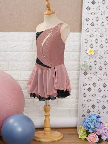 Kids Girls Sleeveless Shiny Rhinestone Chiffon Skating Dress