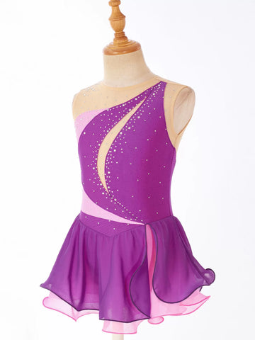 Kids Girls Sleeveless Shiny Rhinestone Chiffon Skating Dress