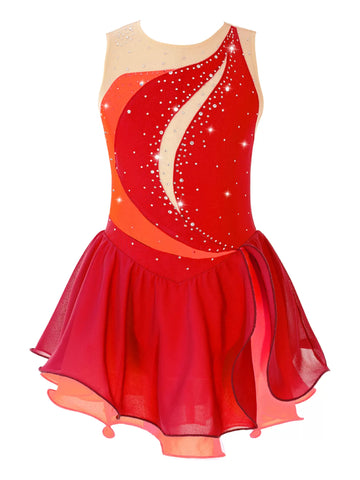 Kids Girls Sleeveless Shiny Rhinestone Chiffon Skating Dress