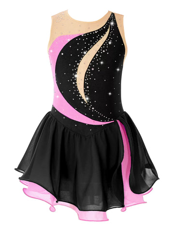 Kids Girls Sleeveless Shiny Rhinestone Chiffon Skating Dress