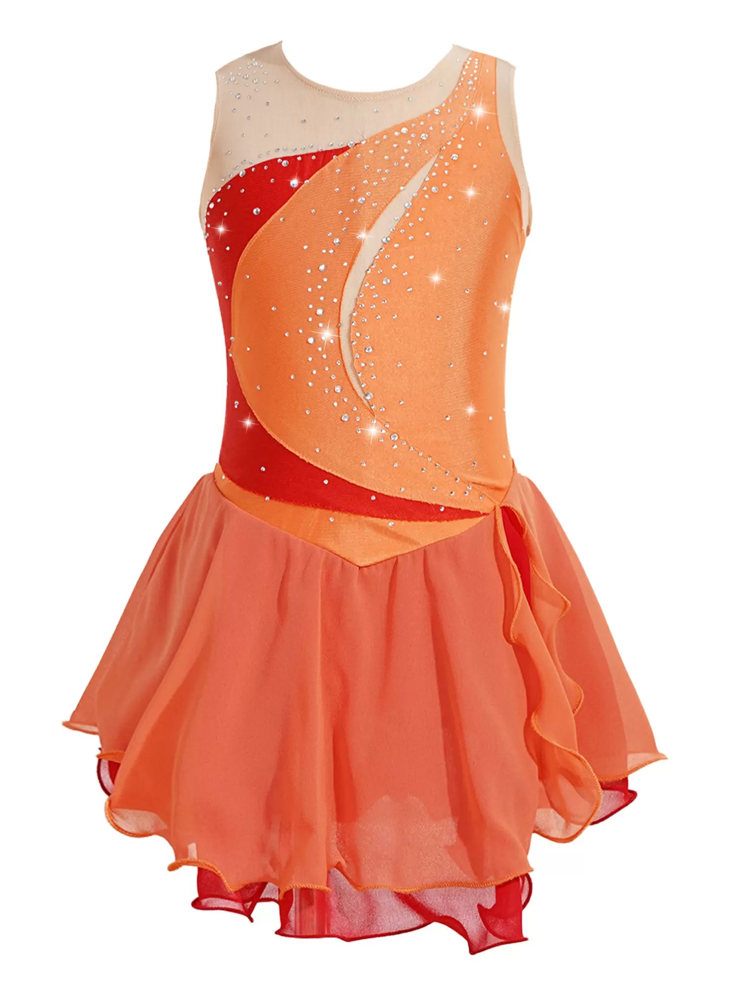 Kids Girls Sleeveless Shiny Rhinestone Chiffon Skating Dress