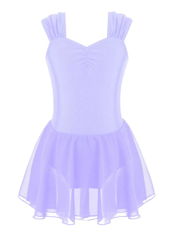 Kids Girls Sleeveless Chiffon Solid Lyrical Dance Leotard Dress