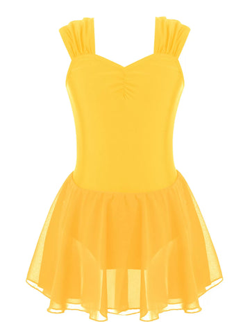 Kids Girls Sleeveless Chiffon Solid Lyrical Dance Leotard Dress