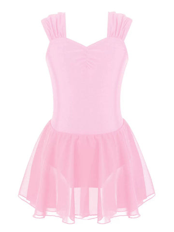 Kids Girls Sleeveless Chiffon Solid Lyrical Dance Leotard Dress