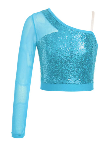 Kids Girls Sequin One Sleeve Jazz Dance Crop Top