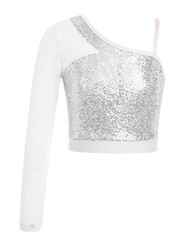 Kids Girls Sequin One Sleeve Jazz Dance Crop Top