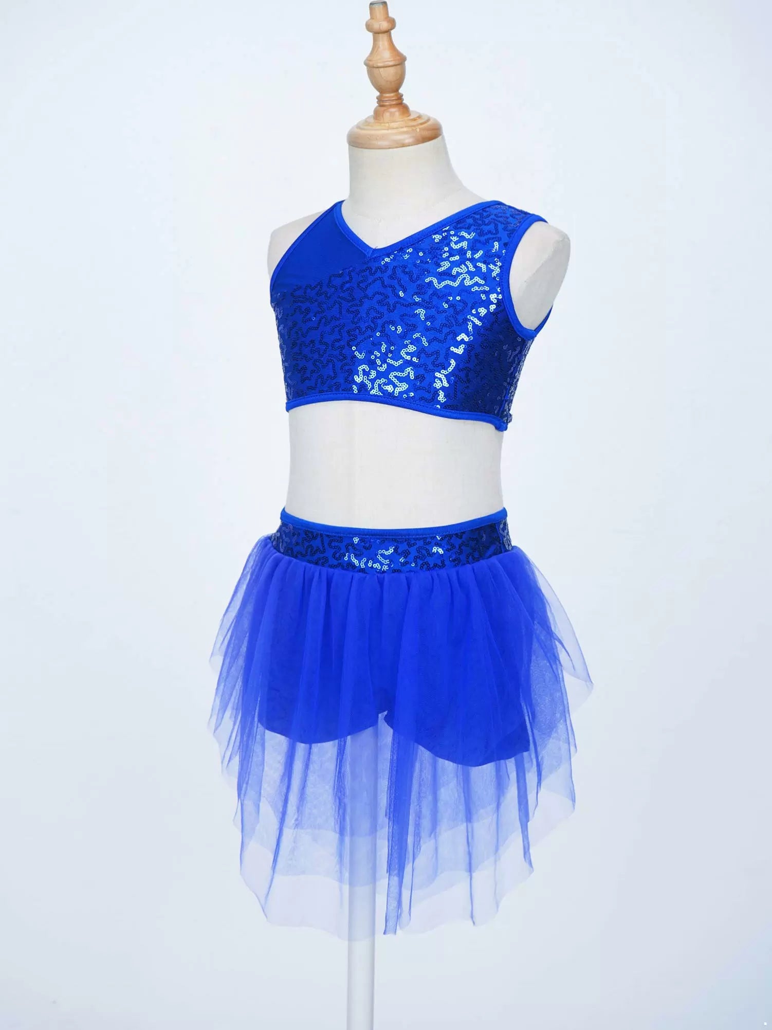 Kids Girls 2pcs Sleeveless Sequin Top and Mesh Skirt Latin Set