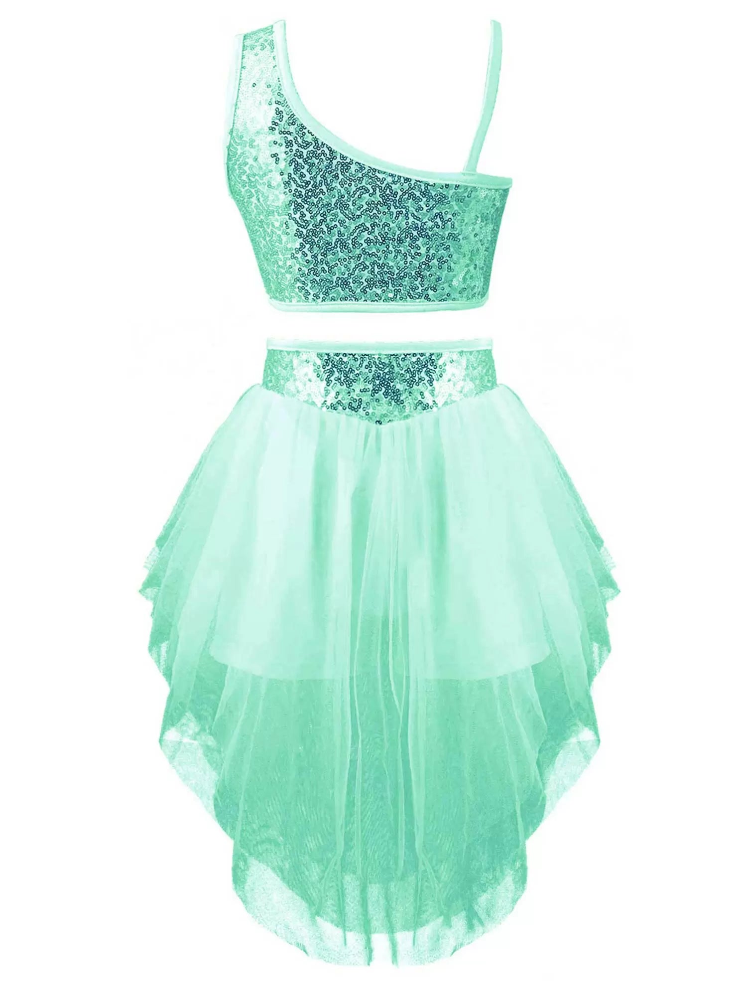 Kids Girls 2pcs Sleeveless Sequin Top and Mesh Skirt Latin Set