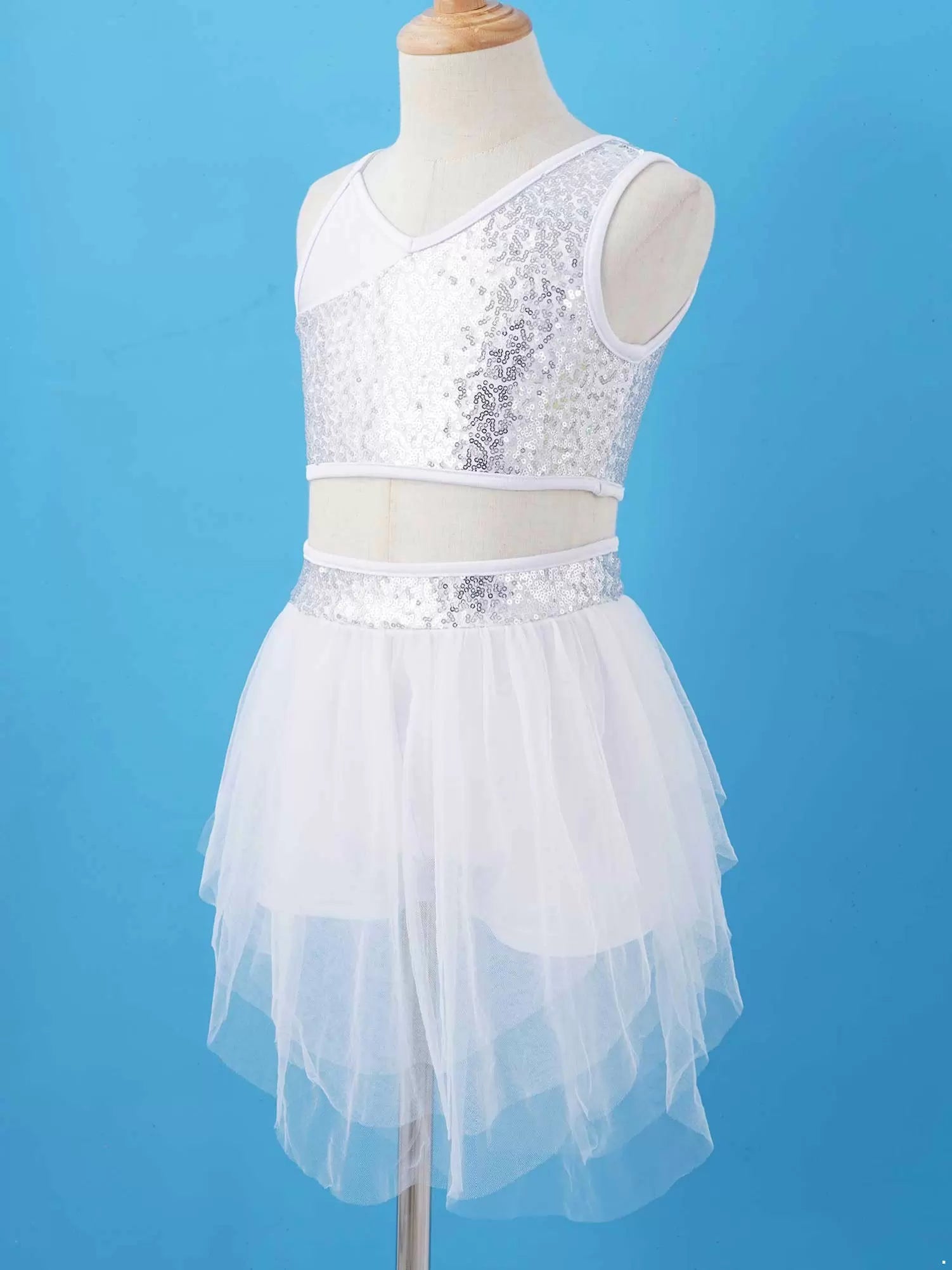 Kids Girls 2pcs Sleeveless Sequin Top and Mesh Skirt Latin Set