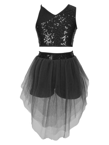 Kids Girls 2pcs Sleeveless Sequin Top and Mesh Skirt Latin Set