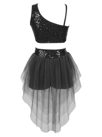 Kids Girls 2pcs Sleeveless Sequin Top and Mesh Skirt Latin Set