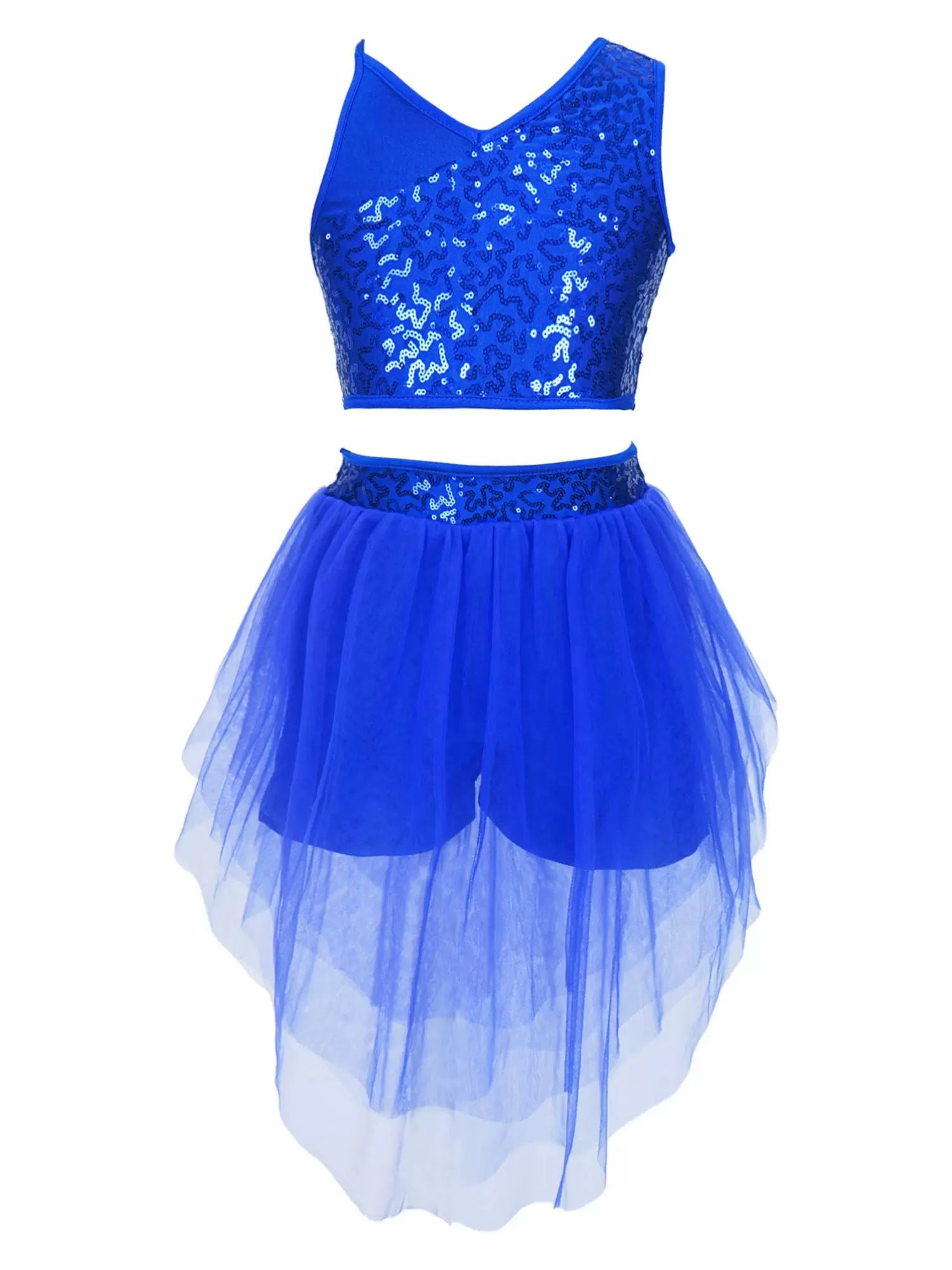 Kids Girls 2pcs Sleeveless Sequin Top and Mesh Skirt Latin Set