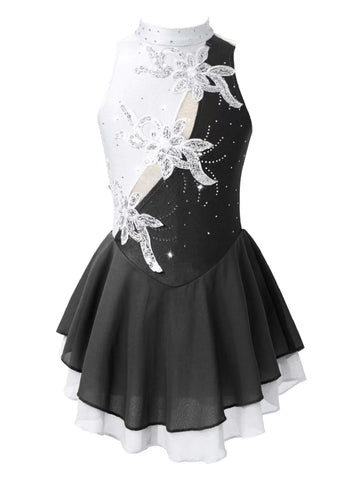 Kids Girls Sleeveless Sequin Floral Rhinestones Skating Dress