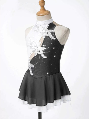 Kids Girls Sleeveless Sequin Floral Rhinestones Skating Dress