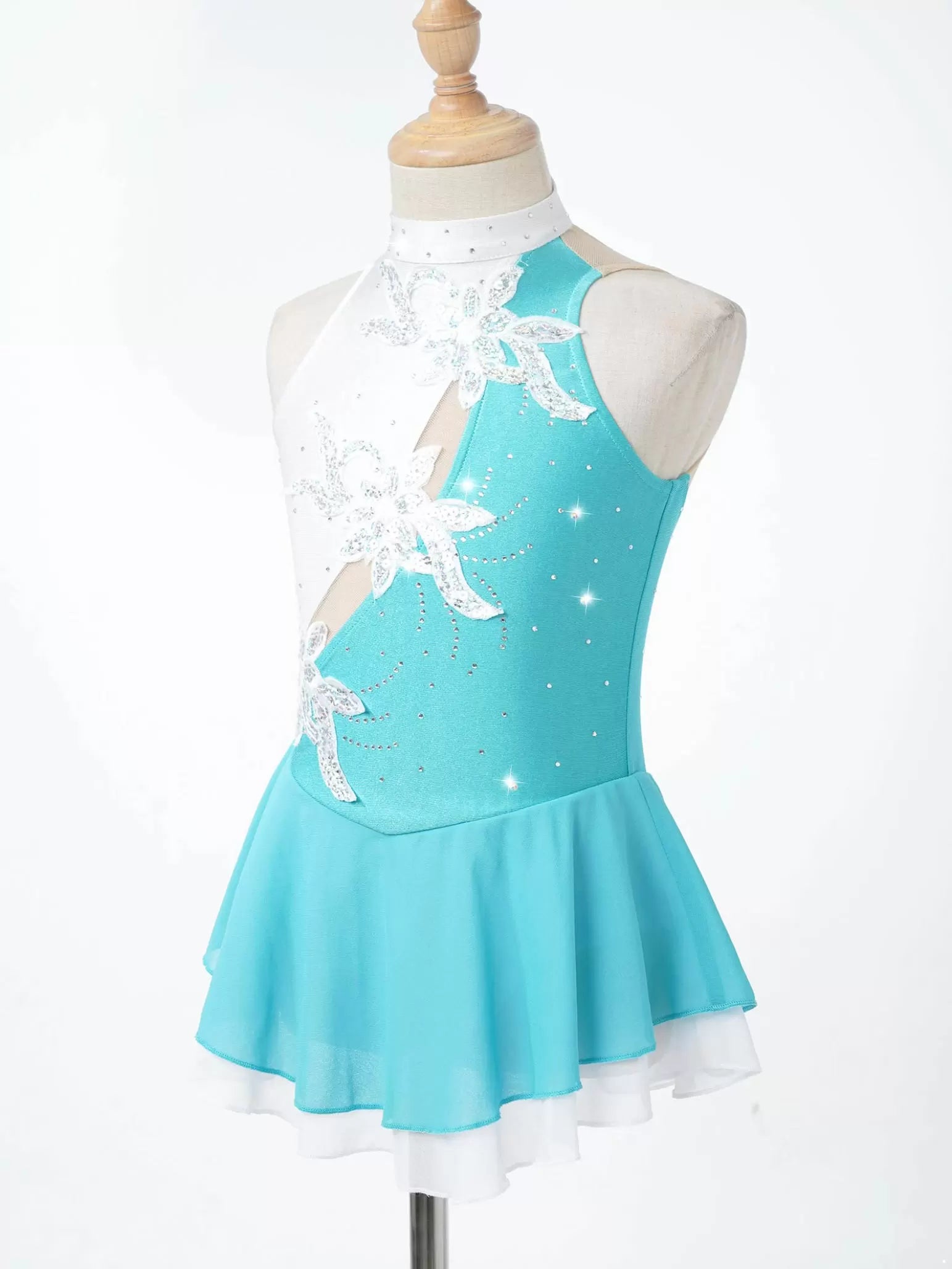 Kids Girls Sleeveless Sequin Floral Rhinestones Skating Dress