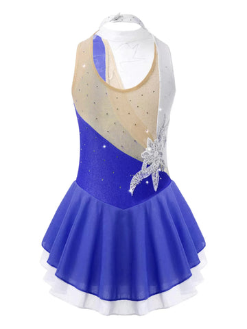 Kids Girls Sleeveless Sequin Floral Rhinestones Skating Dress