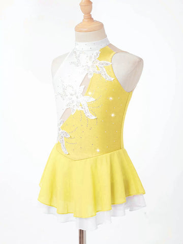 Kids Girls Sleeveless Sequin Floral Rhinestones Skating Dress