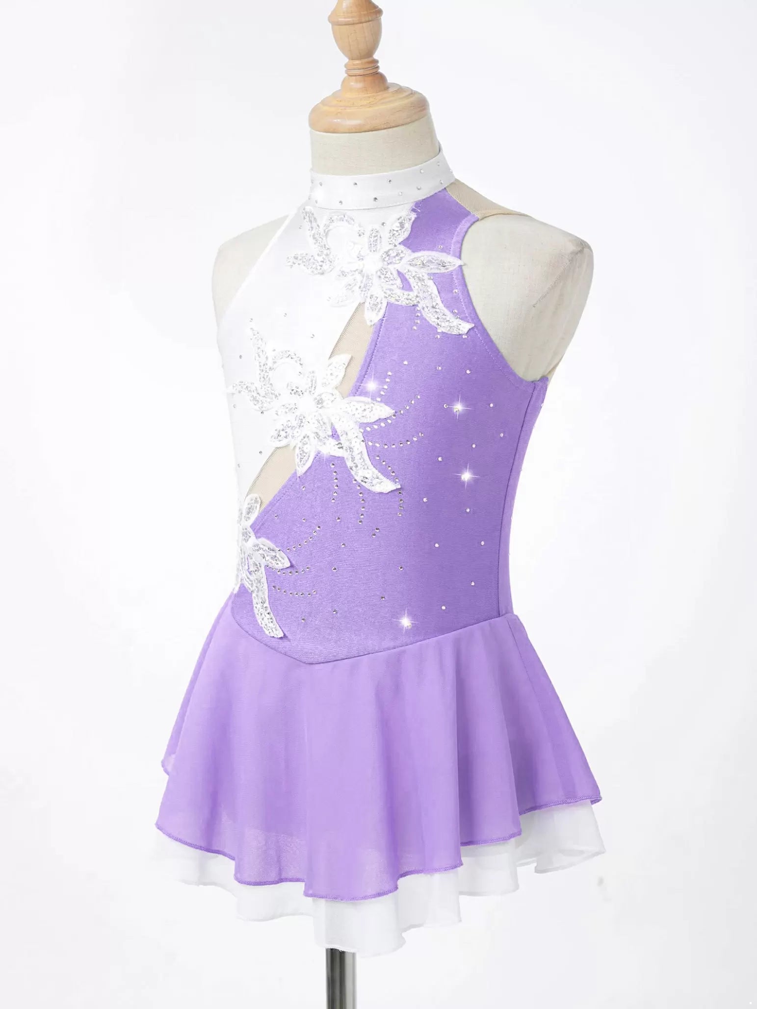 Kids Girls Sleeveless Sequin Floral Rhinestones Skating Dress