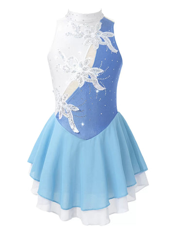 Kids Girls Sleeveless Sequin Floral Rhinestones Skating Dress