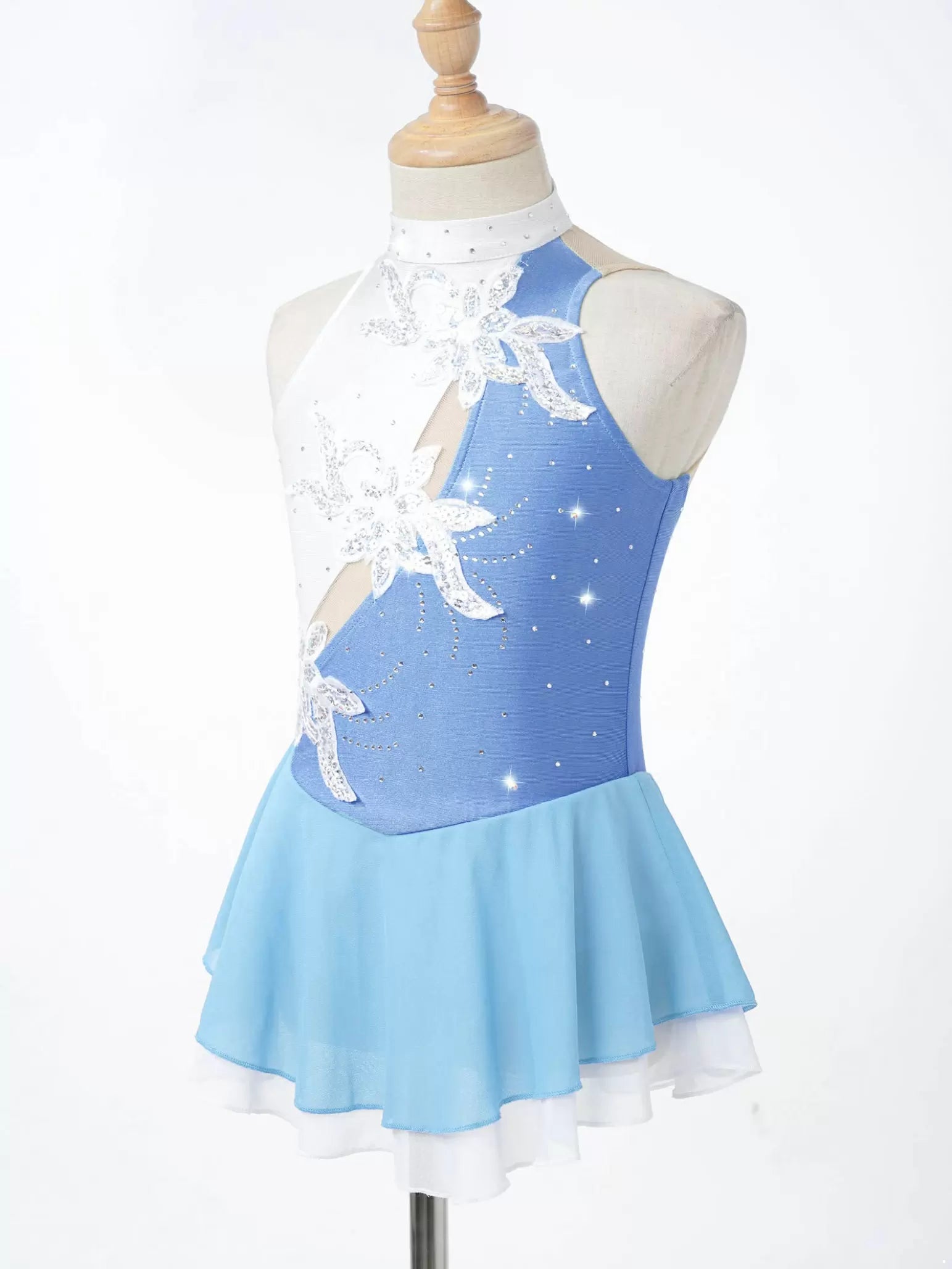 Kids Girls Sleeveless Sequin Floral Rhinestones Skating Dress