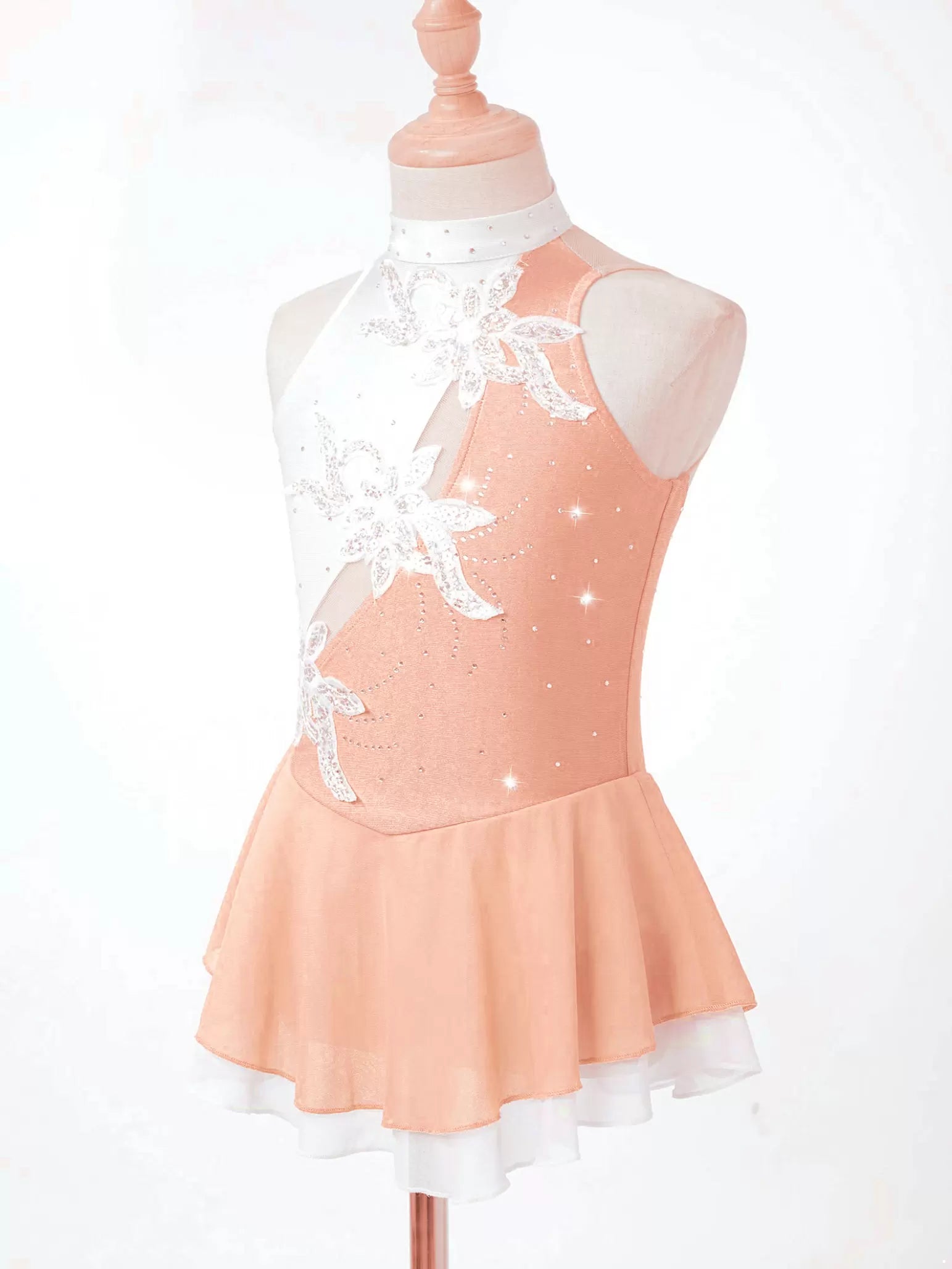 Kids Girls Sleeveless Sequin Floral Rhinestones Skating Dress