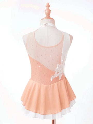 Kids Girls Sleeveless Sequin Floral Rhinestones Skating Dress