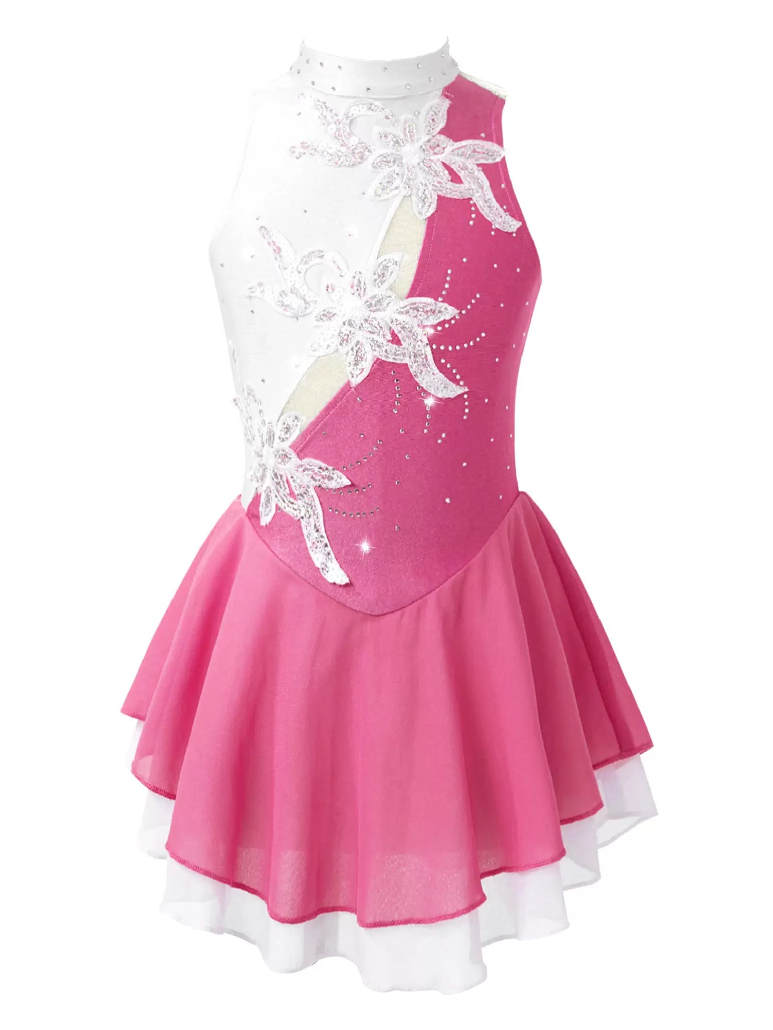 Kids Girls Sleeveless Sequin Floral Rhinestones Skating Dress