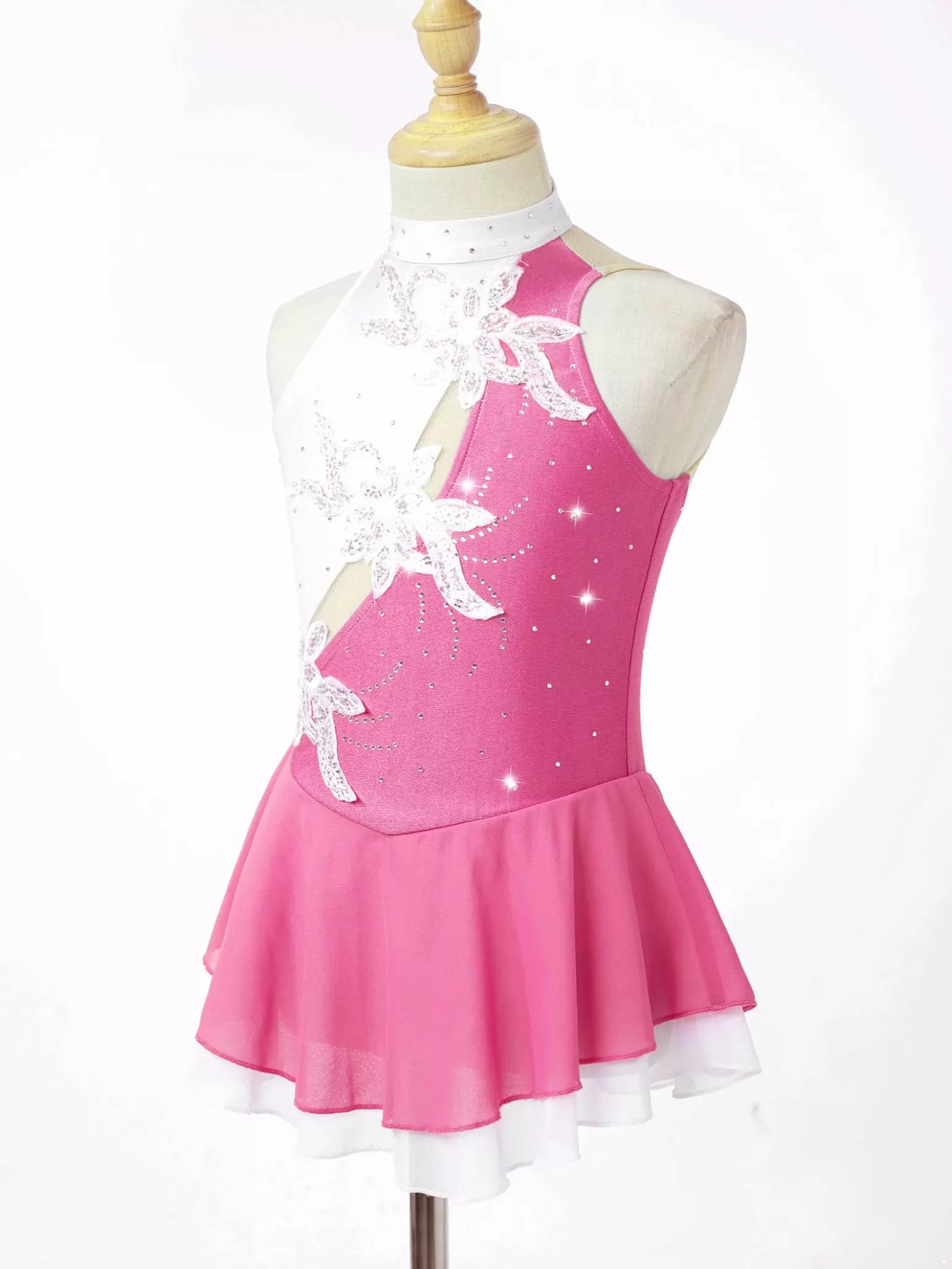 Kids Girls Sleeveless Sequin Floral Rhinestones Skating Dress