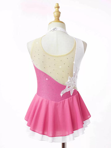 Kids Girls Sleeveless Sequin Floral Rhinestones Skating Dress