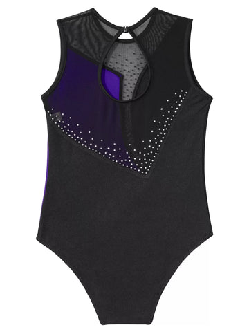 Kids Girls Sleeveless Rhinestone Colorblock Skating Leotard