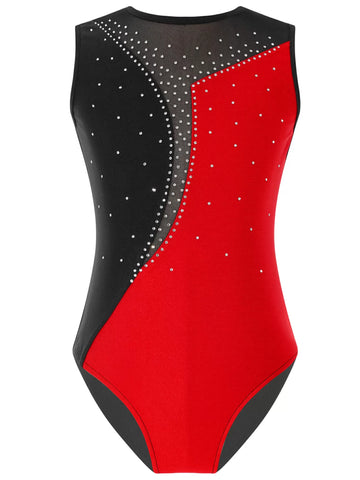 Kids Girls Sleeveless Rhinestone Colorblock Skating Leotard