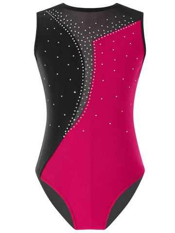 Kids Girls Sleeveless Rhinestone Colorblock Skating Leotard