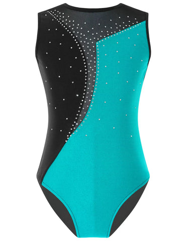 Kids Girls Sleeveless Rhinestone Colorblock Skating Leotard