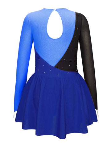 Kids Girls Long Sleeve Rhinestone Ruffle Skating Dress