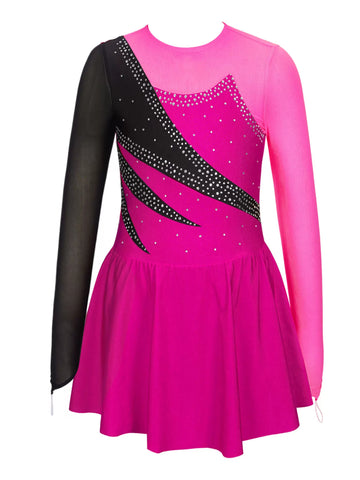 Kids Girls Long Sleeve Rhinestone Ruffle Skating Dress