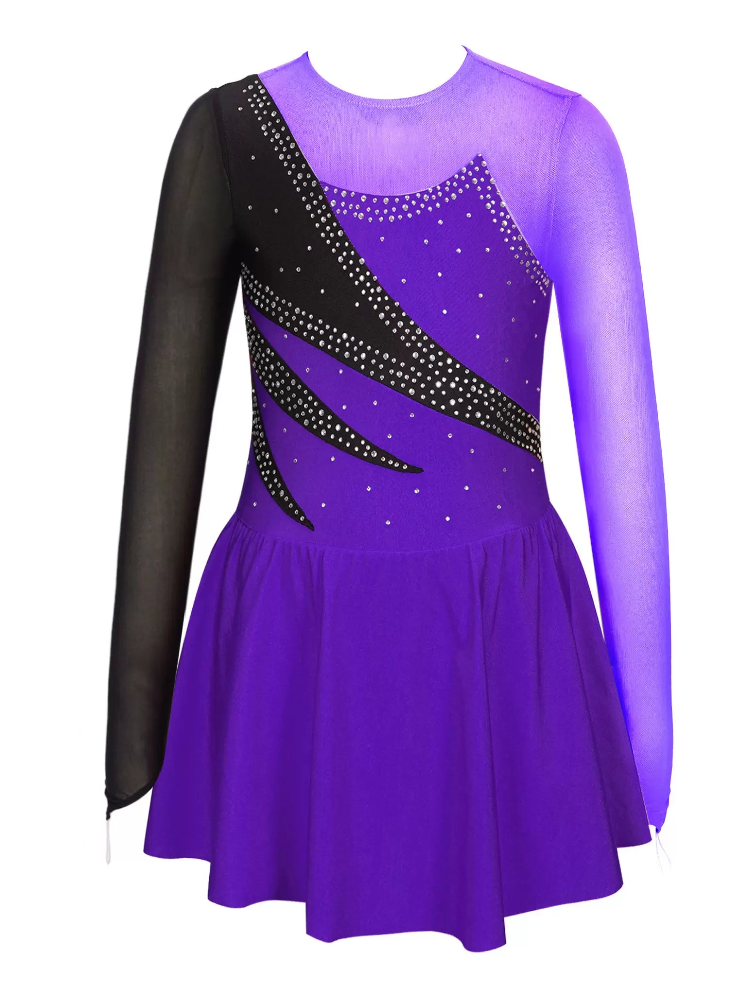 Kids Girls Long Sleeve Rhinestone Ruffle Skating Dress