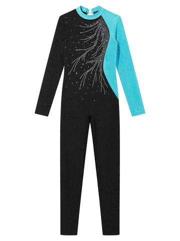 Kids Girls Long Sleeve Colorblock Rhinestone Gymnastic Unitard