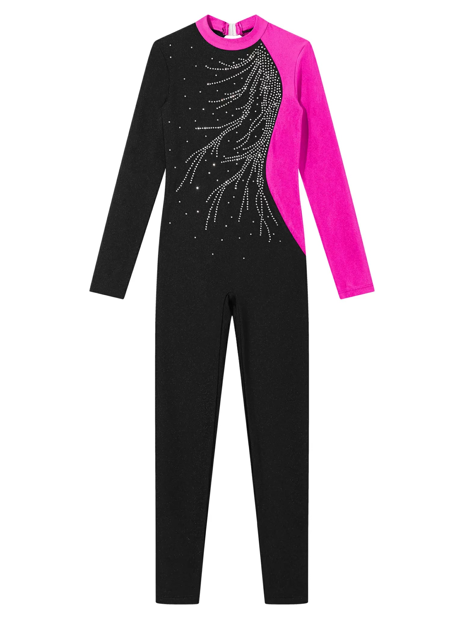 Kids Girls Long Sleeve Colorblock Rhinestone Gymnastic Unitard