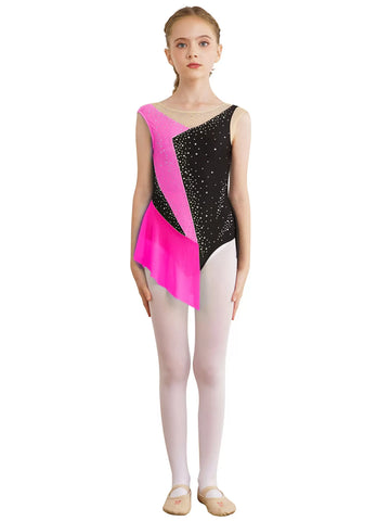 Kids Girls Sleeveless Rhinestone Color Block Gymnastics Leotard