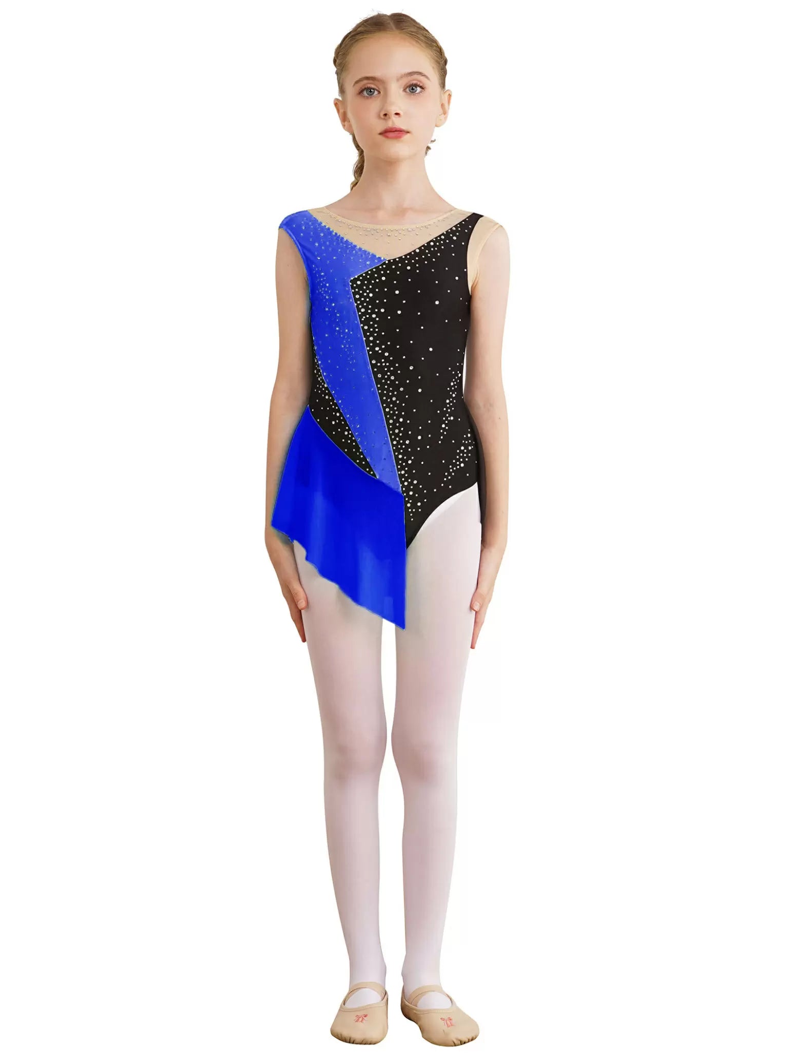 Kids Girls Sleeveless Rhinestone Color Block Gymnastics Leotard